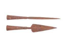 Two medieval style socketed iron socketed longshot arrowheads.