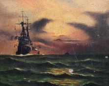 A 20th century oil on canvas, warship scene. Unsigned, 19.5cm x 24.