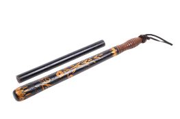 A Victorian lignum vitae truncheon and an ebony rolling rule.