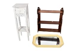 Three items of house hold furniture. Including three tier wall shelf, a mirror and jardiniere stand.
