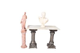 A marble top rectangular console table on a pair of silver painted metal columns,