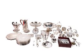 A quantity of silverplate and two small silver items. Including a tea pot, cigarette box, etc. Max.