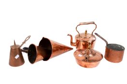 Collection of assorted vintage copper kitchenalia. Including warming conical mull, kettles and pans.