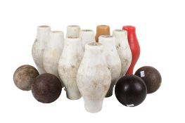 A set of ten plastic Durapin skittle pins and four balls.