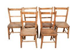 Set of six vintage wooden child's 'school' chairs. Wooden seats, raised on turned tapering supports.