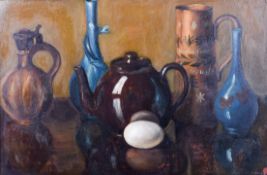 Late 19th/early 20th century English school, oil on canvas still life of ceramics.