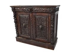 Late 19th century Flemish carved oak side cabinet.