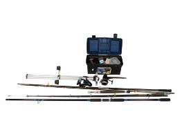 A collection of coarse fishing equipment.