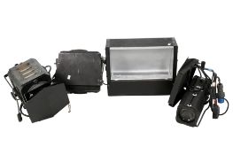 A group of four assorted theatre or studio lights. Including a QuartzColor Lanebeam 2 KW Mod.