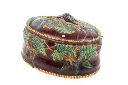 Victorian majolica oval game dish and cover, AF. Modelled with birds and foliage.