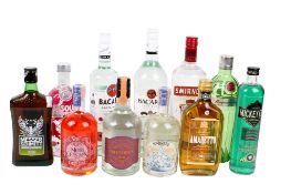 Eleven bottles of assorted mostly gin and vodka.