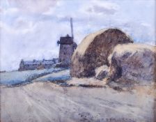 Hubert Coop RBA (British 1875 - 1952) - watercolour, windmill with haystack in the foreground.