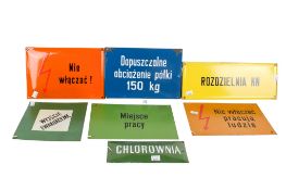 A collection of seven assorted vintage Polish language enamel 'warning' signs.
