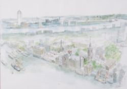 Peter Kent, watercolour, London cityscape, framed.
