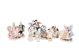 Eight assorted Dresden lace and other figures. Mostly depicting couples. Max.