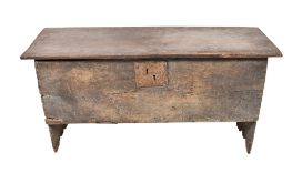 17th century six plank oak coffer. Having chip carved sides to the top.