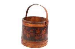 A staved pine firkin sugar bucket with swing handle.