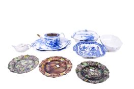 A group of early English pottery and later blue and white ceramics.