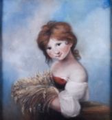 A pastel drawing of a young girl holding flowers.