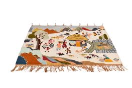 African hand woven wall hanging. Depicting a village in the landscape.