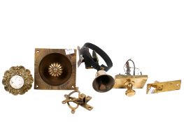 A group of assorted brass doorbell pulls and a bell. Max.