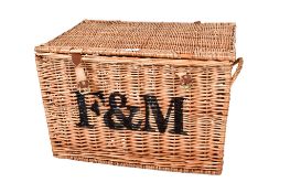 Fortum & Mason wicker hamper basket having hinged cover. F&M marked to the front.