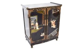 A reproduction Chinese lacquered cabinet fitted two doors. Opening to reveal a fixed shelf.