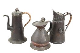 A group of three Arts and Crafts copper vessels. Including two jugs and a coffee pot. Max.
