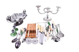 Collection of assorted silver plate and flatware. Including two open salts, a circular tray, etc.