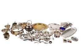 A collection of various silver plate items and other metal items.
