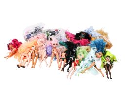 A collection of Rainbow High and Shadow High fashion dolls and accessories.