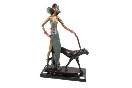 Reproduction Art Deco style resin figure of a lady walking a black cheetah.