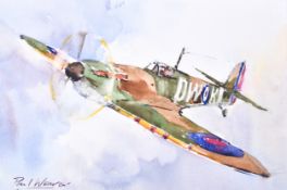 Paul Weaver (20th Century) Bristol Savages - 'Absent Friends', watercolour of a spitfire in flight.