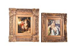 Two late 20th century oil on boards. Consisting of a female nude and an 18th century couple.