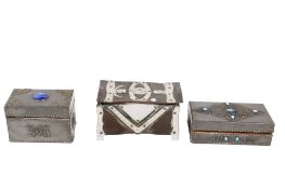 Two pewter rectangular boxes and one other copper box, all hinged covers. Max. H 8cm.
