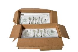 A pair of large crystal glass five arm table candelabras, boxed.