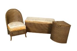 Three vintage Lloyd Loom Lusty furniture items. Including of chair, corner basket and a bench. Max.
