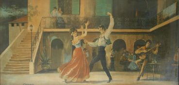 A mid-century J. Manuleo (20th Century) print - Spanish of dancers. Framed.