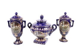 20th century Royal Limoges pair of vases and covers and one other similar squat vase and cover