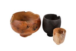 A group of three assorted hand turned wooden bowls. Various sizes and types of wood. Max.