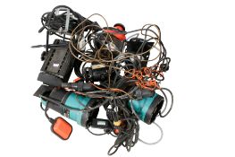 A large box of assorted smaller theatre or studio lights, wires and metal fittings.