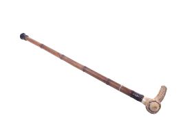 A vintage walking cane with an antler handle and a white metal collar.