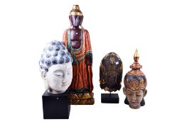 Three carved and painted wooden south east Asian figures and a composite bust of Buddha