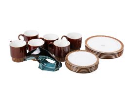 A group of six mid-century Poole Pottery Chestnut trios designed by Robert Jefferson and a dolphin.