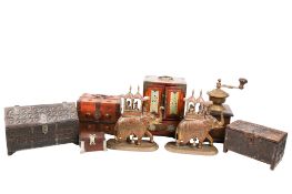 A collection of Indian wooden boxes, brass decorative ornaments,