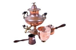 Four items of assorted vintage copper ware. Including a samovar, a small saucepan and cover, etc.