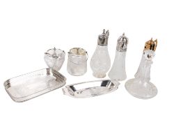 A collection of assorted silverplated items. Including three claret jugs and a decanter, etc.