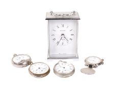 A contemporary carriage clock and four pocket watches. Various makers and ages.