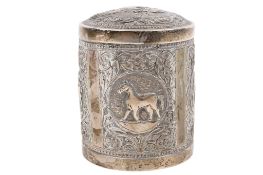 An Asian white metal lidded pot.
