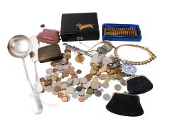 A box of collectables. Including silverplated ladle, costume jewellery, small group of coins, etc.